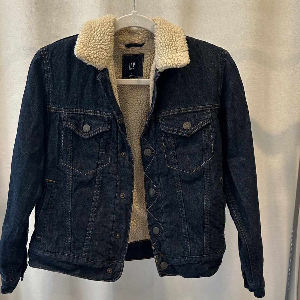 GAP Kids Dark Blue Denim Jacket with Cream Sherpa Lining